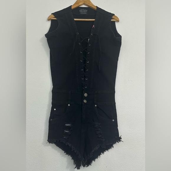 American GLORY Edgy Black Romper with Lace-Up Front and Distressed Hem - Picture 6 of 12